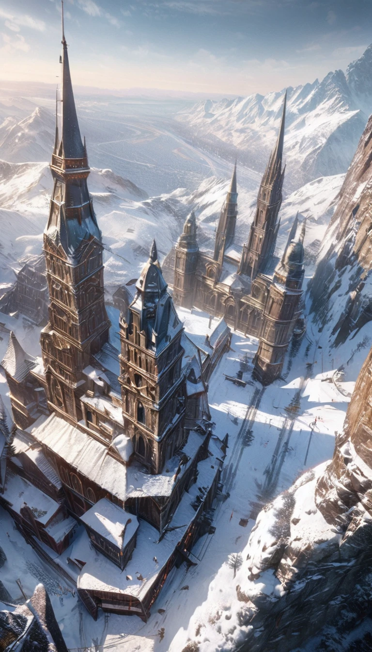 A city with towers, a person walking on a snowy path, the cosmic sky, (best quality,4k,8k,highres,masterpiece:1.2),ultra-detailed,(realistic,photorealistic,photo-realistic:1.37),detailed anime landscape, highly detailed anime scene, beautiful anime scenery, stunning 4k anime wallpaper, intricate 4k anime wallpaper, exquisite 4k anime wallpaper, delicate 4k anime wallpaper, hyper-detailed, perfect detail