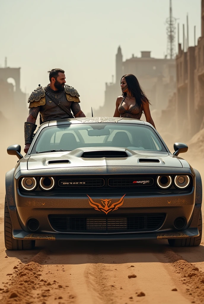 A 2018 model black challenger tuned to the top with a man dressed as a warlord and a woman dressed as a bellaka
