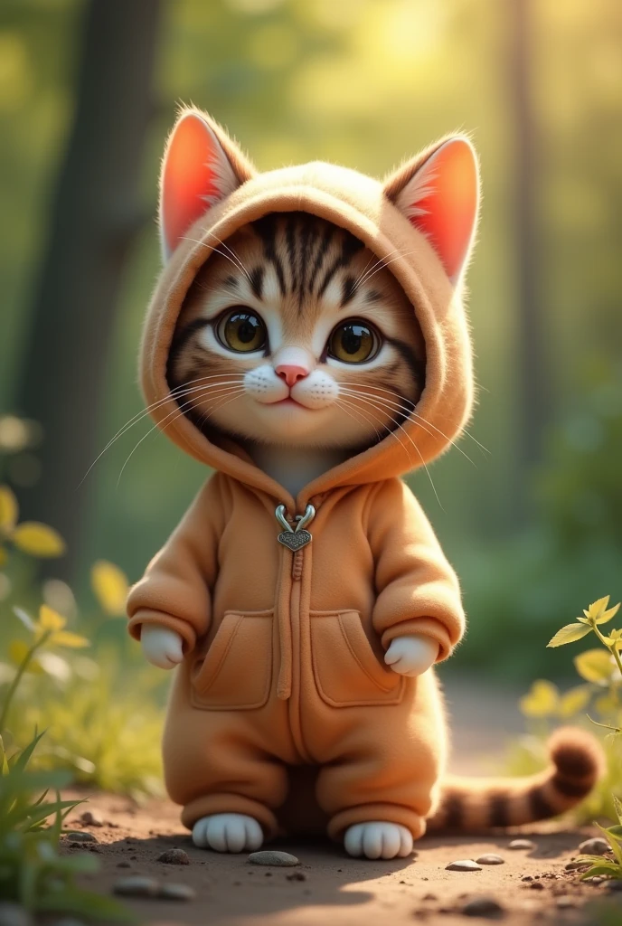 A realistic brown tabby cute cat standing wearing a cute hooded outfit