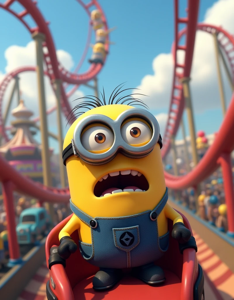 Minion Kevin is riding a roller coaster, face of both panic and excitement.