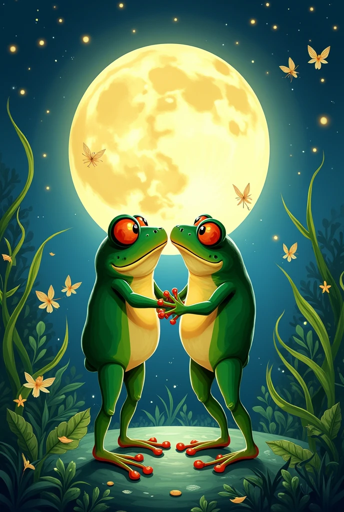 Draw two frogs in love dancing at night under the full moon in a drawing style