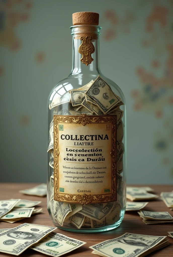 Create an image of a bottle full of money and on one side of the art say a big collection to pay for the expulsion of Lic Dennis, Today by Dennis Tomorrow by You in Spanish