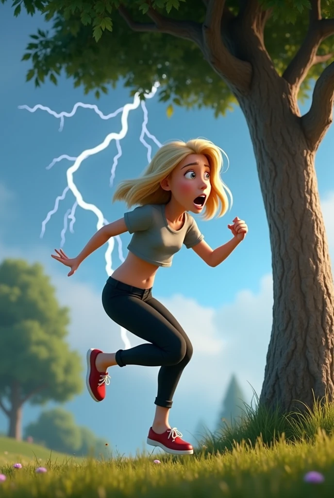 A girl with blond hair and light brown eyes dressed in a short gray blouse and tight black pants jumping in fear from a bolt of lightning that struck the tree next to her, disney pixar style.