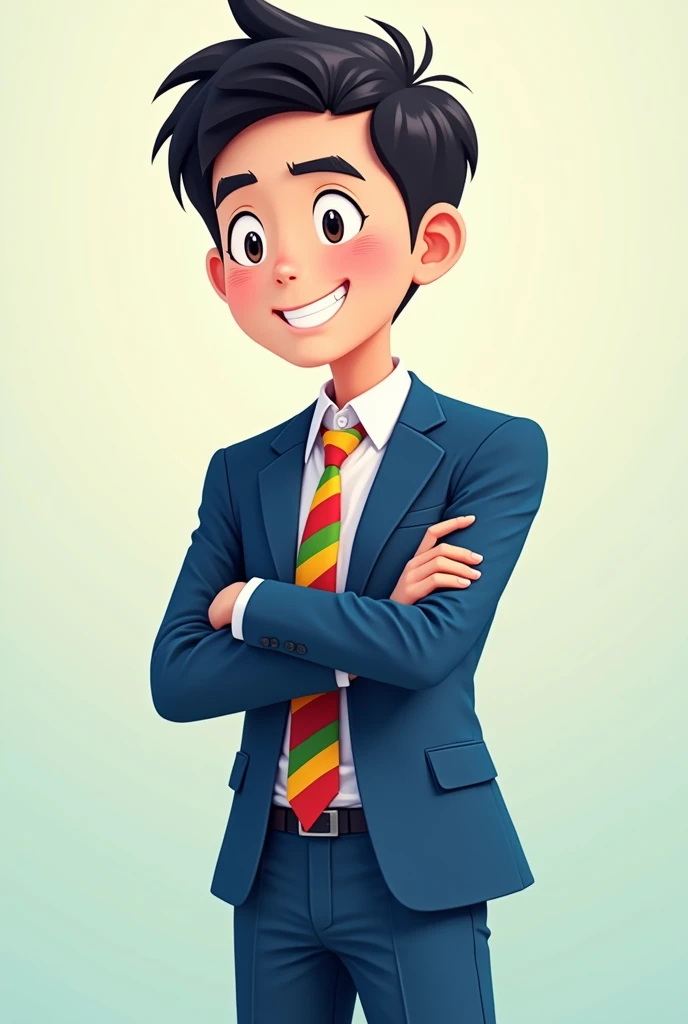 (Cheerful Korean guy in a blue suit, a shirt, a white striped tie with a Bolivian flag without the logo, just red, yellow and green. Create it in the form of a cartoon, piscsart or anime 
