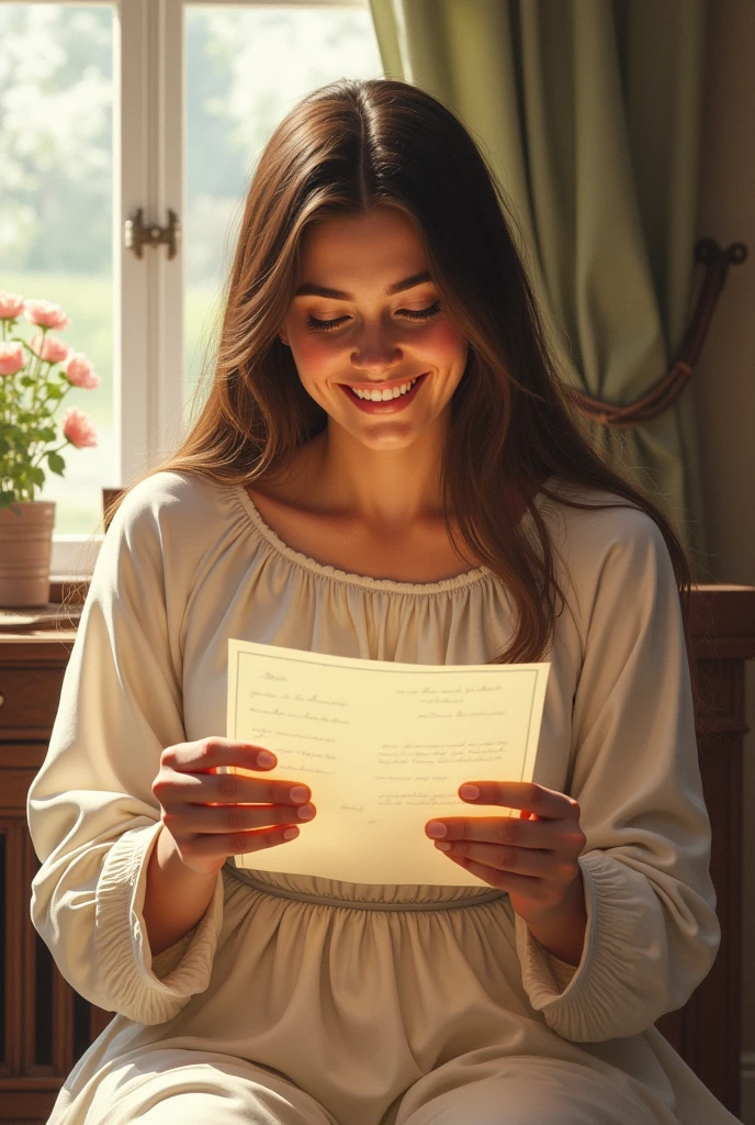 DRAWING of a Christian woman in a long, closed dress so that her breasts are not visible, reading a love letter and her face shows a lot of happiness