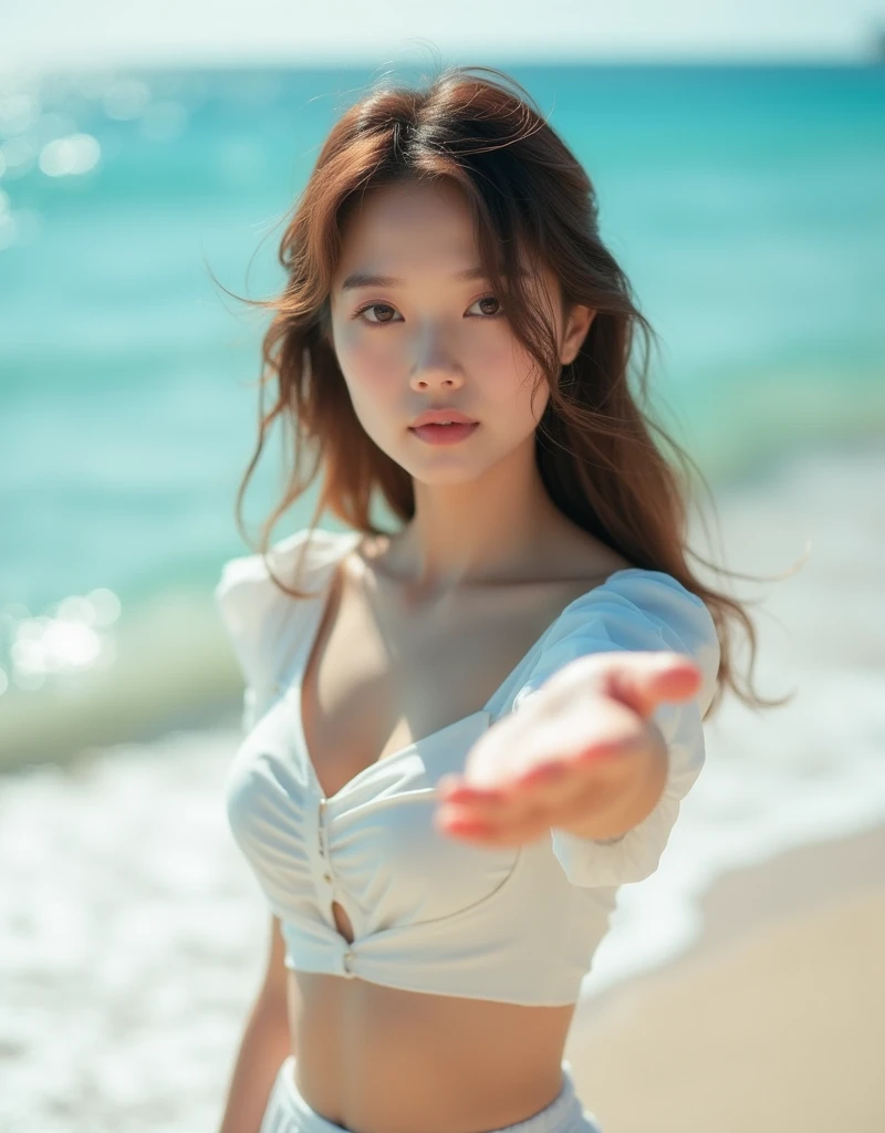 (8K, Raw-Foto, best quality, perfect nude body, masterpiece:1.2),(realistisch, foto realistisch:1.4),(Hochdetailliertes CG Unity 8K-Hintergrundbild),(Rundes Gesicht: 1.5), (detailed student:1.3),Beautiful woman on Baltic Sea beach , whole upper body, nude breasts, pferdeschwanzfrisur, pretty colorful long hanging earrings, ponytail(Junge, but very beautiful 22-year-old Korean,Coole Augen, ponytail, little smile,Blick nach vorn,Blick in die Kamera,Unvergessliche Augen,The eyes are so beautiful.,