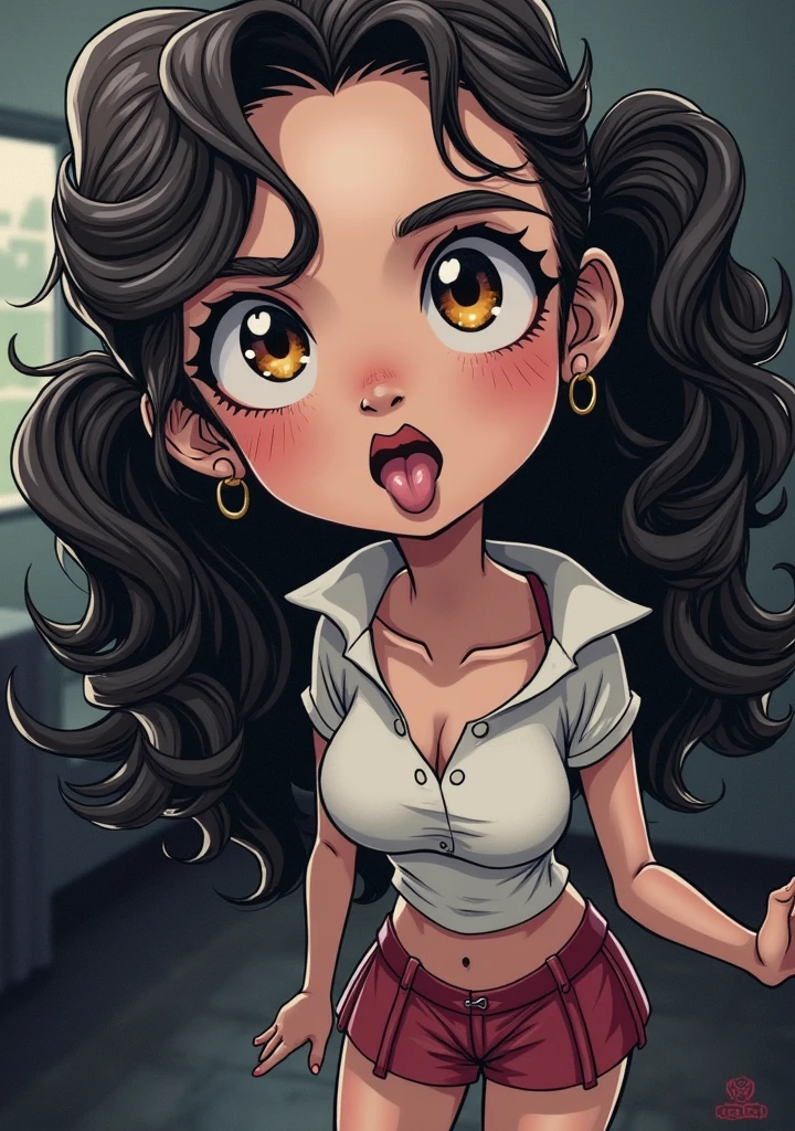 1 girl,king,curly hair , with two pigtails to the sides , eyes of excitement,excited face , well developed body, with a miniskirt,low neck shirt , The shirt is torn and an excited nipple is visible,She is standing with her legs open,A man is licking his female genitals with his tongue , the man is fat and white , With glasses , the girl likes that