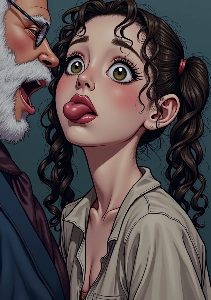 1 girl,king,curly hair , with two pigtails to the sides , eyes of excitement,excited face , well developed body, with a miniskirt,low neck shirt , The shirt is torn and an excited nipple is visible,She is standing with her legs open,A man is licking his female genitals with his tongue , the man is fat and white , With glasses , the girl likes that