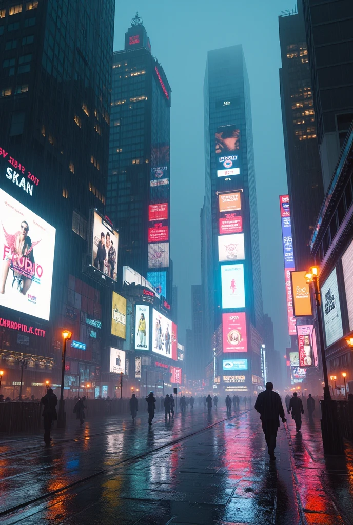 Photographic grade,Movie quality,Game CG wallpaper,Cyber Times Square in New York City in the rain,Deserted streets,No text appears