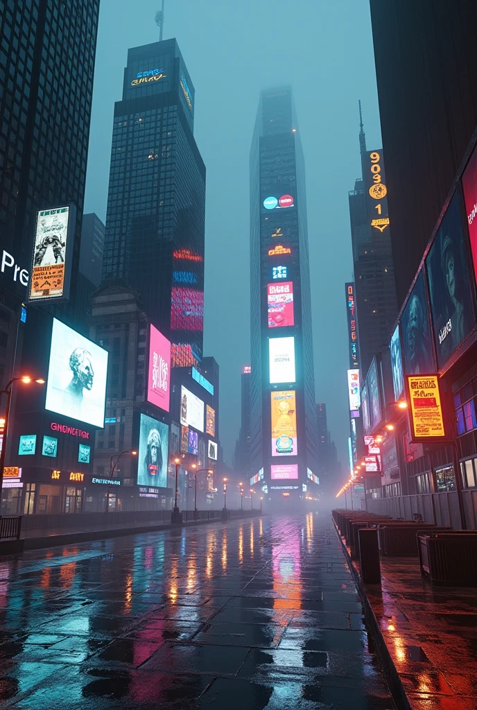 Photographic grade，Movie quality，Game CG wallpaper，Cyber Times Square in New York City in the rain，Deserted streets，No text appears