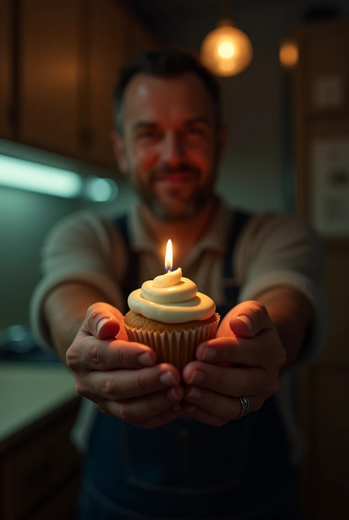 Photo of man&#39;s hands holding a cupcake with a candle at night, retro version