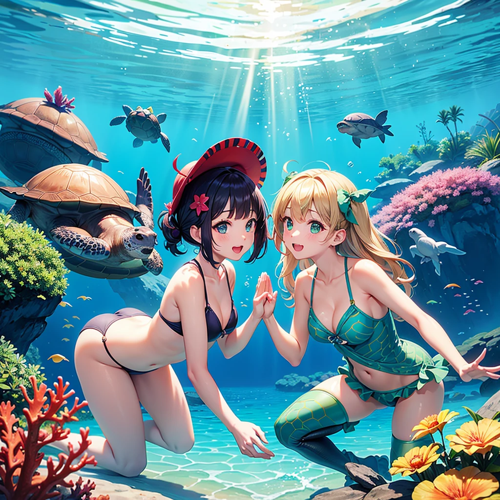 In the water、Men and women playing with turtles、cute、beautiful、Swimwear、Big Turtle、Large sea turtle、人よりBig Turtle、is swimming with turtles、Snorkeling、High-five with a turtle、Lots of coral、tropical fish、diving、スキューバdiving