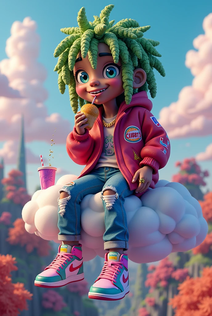 design a 3D exotic indica strain character, with highly crystalized and personified. This character hair are so thick on the buds they look like dreadlocks. This character is sitting in the clouds eating a hamburger he got from CHUBBYS, he is dangling his feet off the edge of the clouds. His jordan shoelaces are always untied. He is so far up you can see the grid of distant cities. he is dumping his ashes to the ground . he has a pinky ring, goldteeth and has a cup of purple juice. the character is dressed in 90s hip hop gear. this is a colorful vibrant portrait. imagine/ 3d exotic indica strain. create multiple characters in a cloud city of differnt colorful exotic strains. clothes say chubbys on them. CREATE CHARACTERS. setting/ cloud city where exotic weed grows in a futuristic atmosphere.