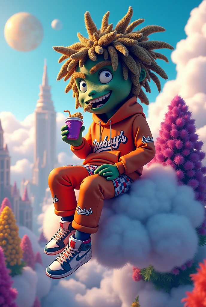 design a 3D exotic indica strain character, with highly crystalized and personified. This character hair are so thick on the buds they look like dreadlocks. This character is sitting in the clouds eating a hamburger he got from CHUBBYS, he is dangling his feet off the edge of the clouds. His jordan shoelaces are always untied. He is so far up you can see the grid of distant cities. he is dumping his ashes to the ground . he has a pinky ring, goldteeth and has a cup of purple juice. the character is dressed in 90s hip hop gear. this is a colorful vibrant portrait. imagine/ 3d exotic indica strain. create multiple characters in a cloud city of differnt colorful exotic strains. clothes say chubbys on them. CREATE CHARACTERS. setting/ cloud city where exotic weed grows in a futuristic atmosphere.