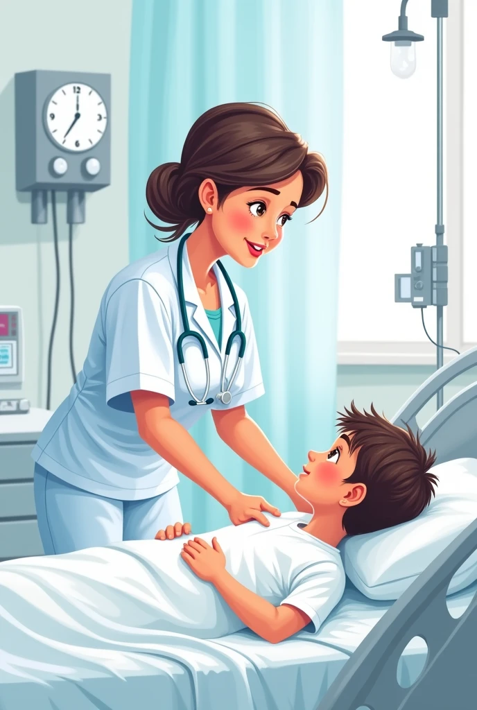 nurse worried about  girl hospitalized alone, but do not include it in the drawing, in cartoon form