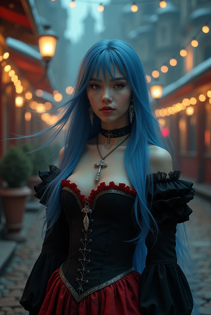 ((Masterpiece, Best Quality, Highest Image Quality, High Resolution, Photorealism, RAW Photos, 8k)), A beautiful woman, 20 years old female, pale skin, fine feature, soft feature, young face, oval face, lightly smile, straight long hair, blue haired, hair flying in the wind, show forehead, silver cross necklace, long feather earrings, black and red dress, circus costume, Medieval style, corset. Outdoors, nighttime, in the night circus, victorian street lamps, gothic architecture, Christmas.
