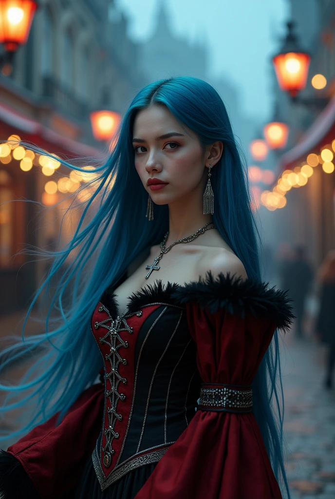 ((Masterpiece, Best Quality, Highest Image Quality, High Resolution, Photorealism, RAW Photos, 8k)), A beautiful woman, 20 years old female, pale skin, fine feature, soft feature, young face, oval face, lightly smile, straight long hair, blue haired, hair flying in the wind, show forehead, silver cross necklace, long feather earrings, black and red dress, circus costume, Medieval style, corset. Outdoors, nighttime, in the night circus, victorian street lamps, gothic architecture, Christmas.