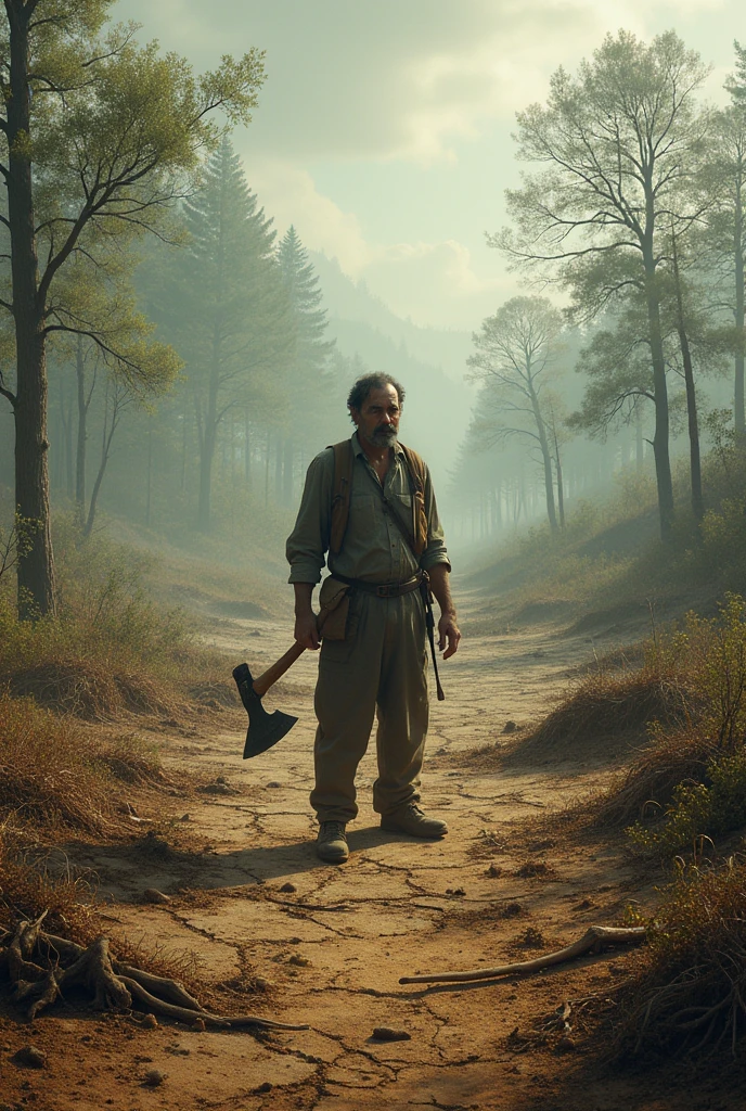 Drought,dry land,tree logging,people are cutting trees,man holding an axe