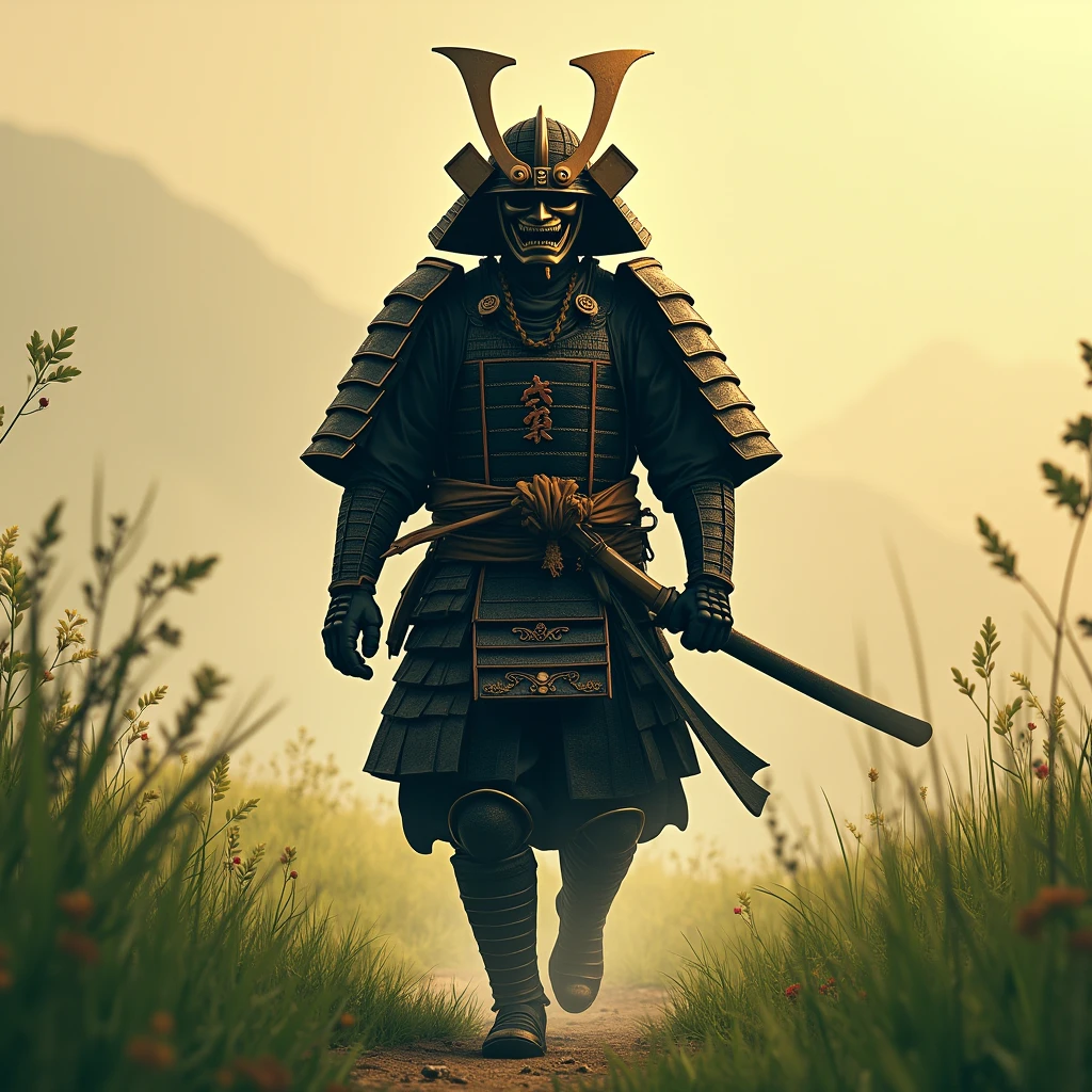 Generate me the image of a samurai, He is wearing an oni demon mask, He is walking through a meadow