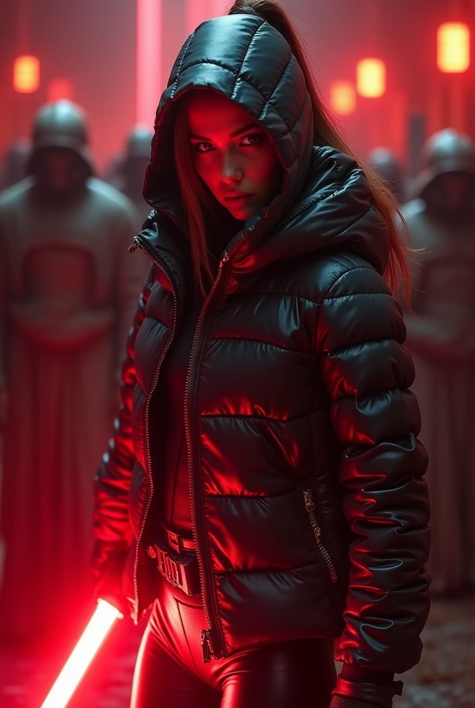  a slim ponytail  angry sith wielding her bright lightsaber, she is walking in room full of jedi,beautiful detailed bright red-colored eyes,beautiful freckles,beautiful detailed lips,extremely detailed eyes and face,longeyelashes, wearing beautiful detailed skintight airtight covering-head hooded armored formfitting duvetica overfilled overinflated shiny hyper gleamy  thick hyper glossy puffer-vest covering over  her padded high-collared sealed puffer-jacket, glossy latex  leggings,symmetrical,masterpiece,cinematic,lifelike,hyperrealistic,8k,photorealistic,highly detailed,intricate,exquisite,elegant,beautiful,stunning
