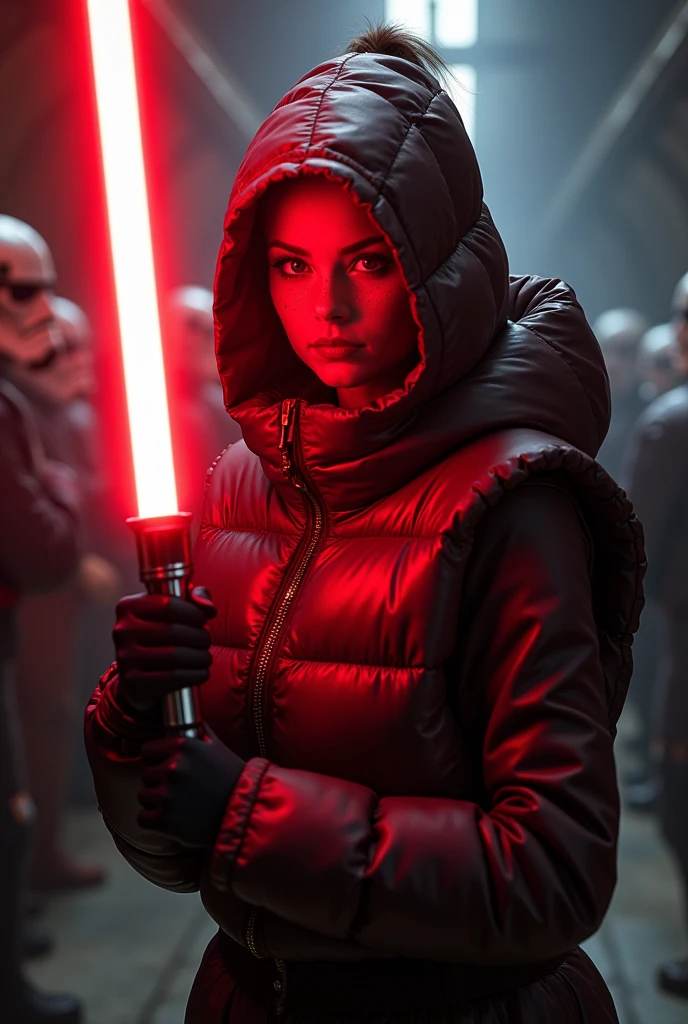 a slim ponytail angry sith wielding her bright lightsaber, she is walking in room full of jedi,beautiful detailed bright red-colored eyes,beautiful freckles,beautiful detailed lips,extremely detailed eyes and face,longeyelashes, wearing beautiful detailed skintight airtight covering-head hooded armored formfitting duvetica overfilled overinflated shiny hyper gleamy thick hyper glossy puffer-vest covering over her padded high-collared sealed puffer-jacket, glossy latex leggings,symmetrical,masterpiece,cinematic,lifelike,hyperrealistic,8k,photorealistic,highly detailed,intricate,exquisite,elegant,beautiful,stunning