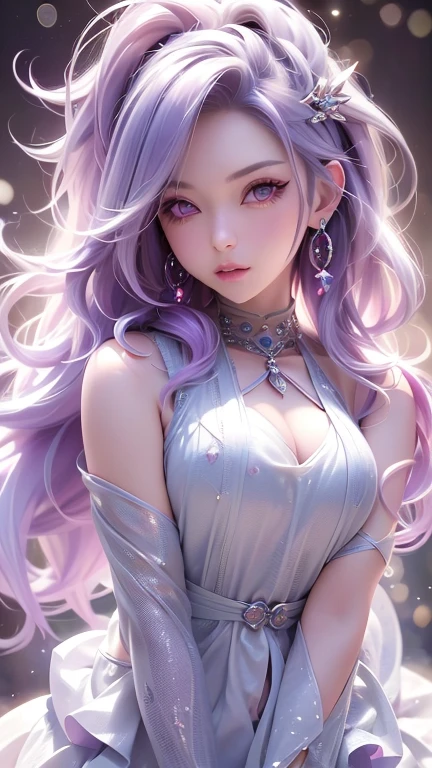 alone, One person, Purple eyes, Purple Hair, bubble, View your viewers, Portraiture, Half-closed eyes, Long Hair, Mouth closed,shiny bubbles,bubbles, colour shining in bubble, reflective bubbles,bubbles ,bubbles all around, turning into bubble、Mid-chest