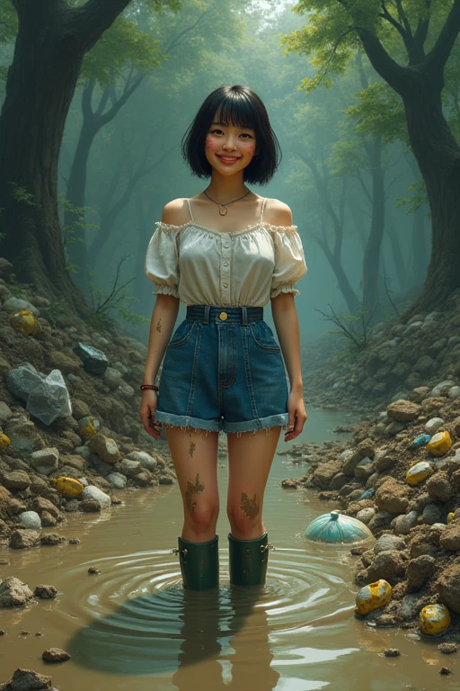 A dirty, garbage-filled swamp deep in the forest、Cute Japanese woman with short hair、A plump figure、Buried in a quagmire of dirty garbage、Hunter rain boots are knee-deep in mud、Puff sleeves、Denim mini skirt、White panties、Mud stains on face、Mud stains on clothes、Smile upwards、