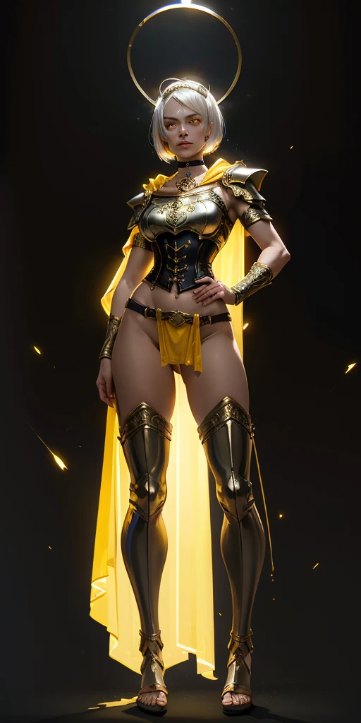 (black background) paladin lady in ornate golden armor, pauldrons, breastplate, corset, glowing halo, short hair, bob hair style, white silver hair, yellow glowing eyes, bright pupils, eye focus, red cape, particles, light beam, chromatic aberration, full body, whole body 1solo (girl) loincloth standing, hands on hips, metal sandals, leather black choker, big belt, view from below, feet together, bracers, tiara