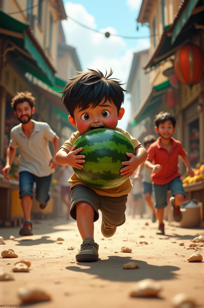 Give me a picture , The chubby boy was chased by many people in the market and ran away holding a watermelon.