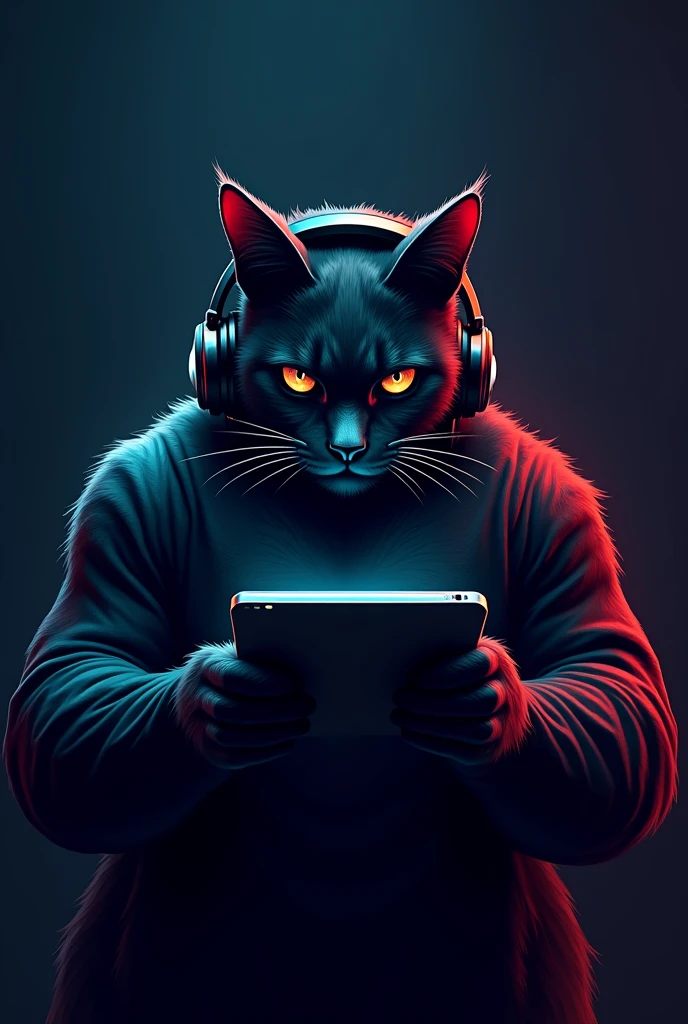 Can you create me a logo of a black heat GAMER cat that looks tough THAT HAS HEADPHONES AND IS PLAYING WITH HIS TABLET and below has the words ("MISHO TK")