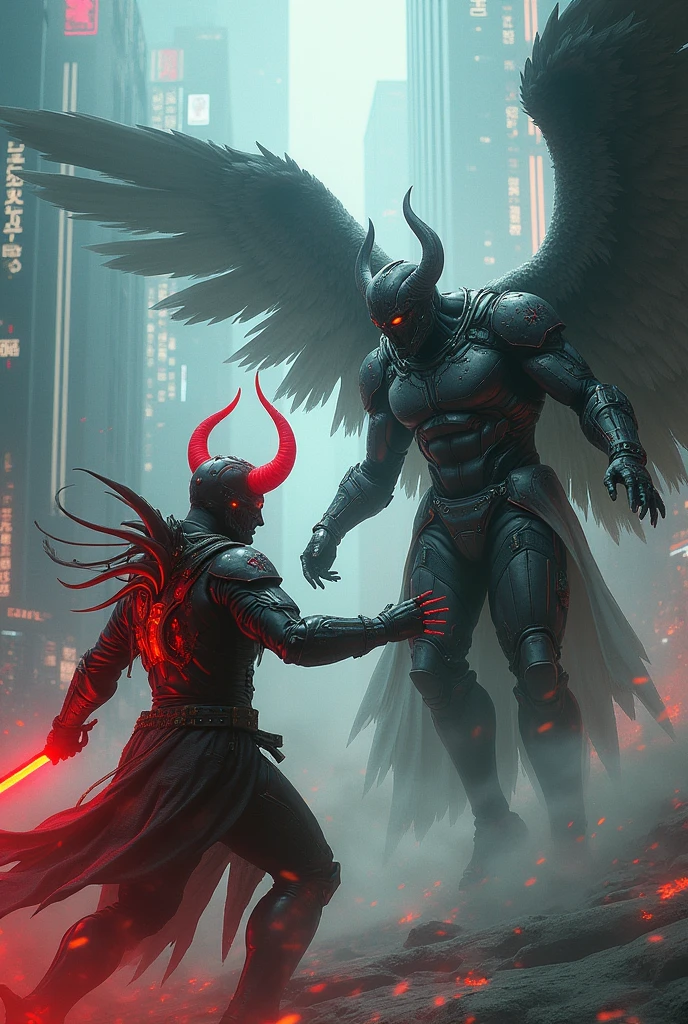 Cyberpunk angel man killing a devil