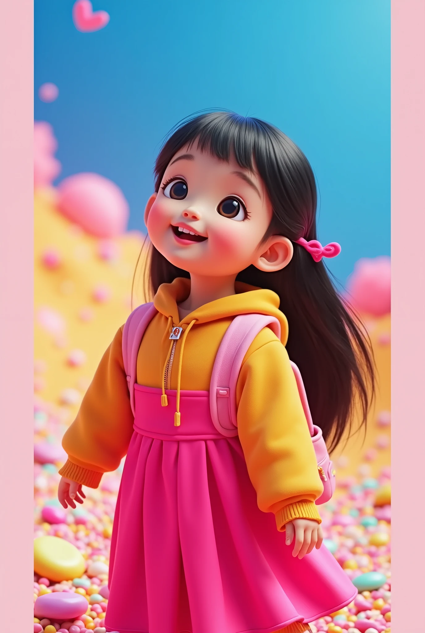 (Pixar style),A five-year-old Chinese girl,Travel backpacks,The ground was full of sweets and biscuits,Miniature character model, Light source from right to left, Rum lighting, Light source from right to left, Realistic proportions, Post-processing, ((Orthogonal perspective)), Super detail, Realistic, Super realistic, photoreal render,,Trip,Disney style