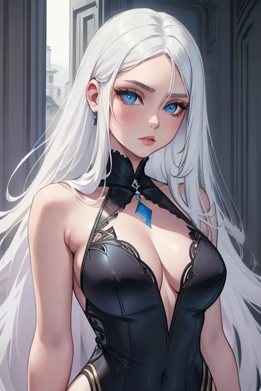 1girl, mature eyes, blue eyes, white hair, black dress, long hair.