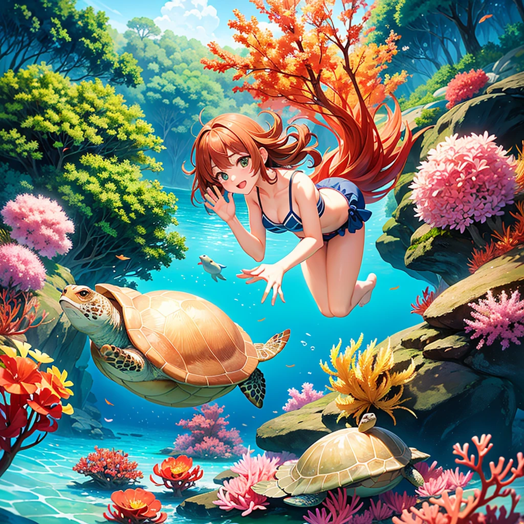 In the water、Men and women playing with turtles、cute、beautiful、Swimwear、Big Turtle、Large sea turtle、人よりBig Turtle、is swimming with turtles、Snorkeling、High-five with a turtle、Lots of coral、tropical fish、diving、スキューバdiving