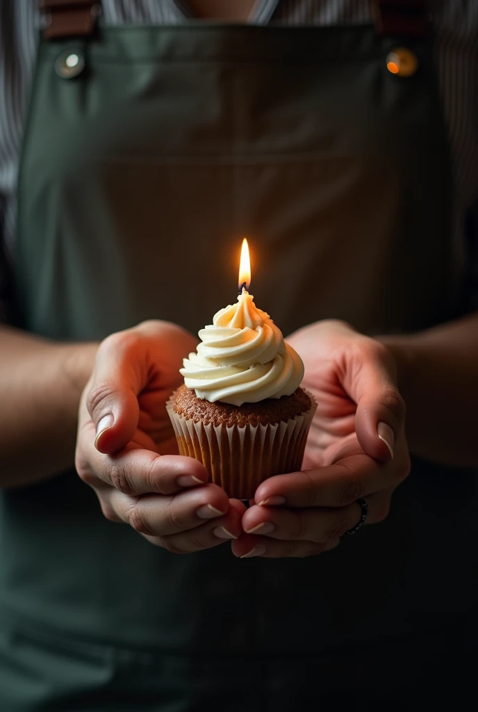 Photo of man&#39;s hands holding a cupcake with a candle at night, retro version