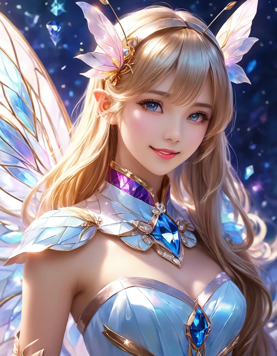 A majestic anime-inspired crystal creature poses majestically against a brilliant amazing background, its iridescent scales glistening in 8K resolution. Delicate details on the monster's wings and antennae sparkle like diamonds, as it stretches forth with an endearing expression. The composition is simple yet effective, drawing focus to the crystal creature's captivating cuteness. Soft, warm lighting enhances the scene's vibrancy, inviting the viewer to step into this whimsical world, ImgFixerPre0.3