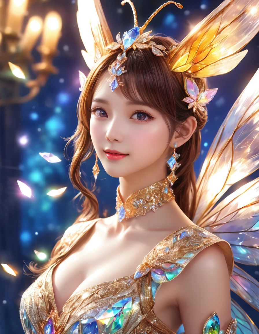 A majestic anime-inspired crystal creature poses majestically against a brilliant amazing background, its iridescent scales glistening in 8K resolution. Delicate details on the monster's wings and antennae sparkle like diamonds, as it stretches forth with an endearing expression. The composition is simple yet effective, drawing focus to the crystal creature's captivating cuteness. Soft, warm lighting enhances the scene's vibrancy, inviting the viewer to step into this whimsical world, ImgFixerPre0.3
