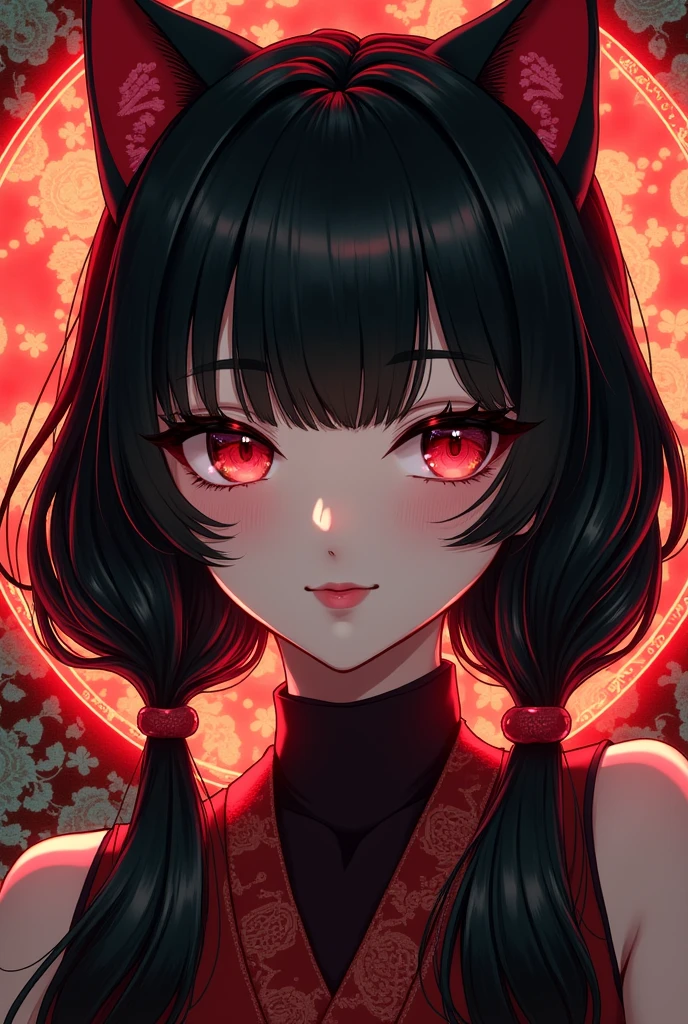 Japanese girl with more or less long black hair with bangs and red highlights, e sexy, Lady,Red hair,dress,beautiful,anime,tattoo, face portrait, close up, big beautiful detailed eyes, ulzzang, art nouveau, candy, sweets, tattoo background pattern, tapestry, backlit, neon palette, geisha, 3 dimensional against a traditional japanese tapestry, ,((long hair slightly wavy slightly past the shoulders, black bangs, small black pigtails on the sides, cute cat ears, beautiful thin red eyes,)),Gafe,Muslos carnosos,Estilo de publicidad del cartel.,Ultracortos,Simetall,C cup,happy expression, jinxlol. (Masterpiece, Best quality, Ultra-detailed, Best shadow), (Detailed background,Dark fantasy), (Beautiful detailed face), High contrast, (Best illumination, An extremely delicate and beautiful), ((Cinematic light)), Colorful, Hyper-detailing, Dramaticlight, Intricate details, (1 girl, Solo,Black hair, sharpy face,Low Twin Tails,Red eyes, hair between eye,Dynamic Angle), blood spatter, swirling black light around character, Depth of field,Black light particles,(Broken glass),Magical Circle, 1girl, solo, monochrome, greyscale, bob cut, short hair, portrait, turtleneck, closed mouth, bangs, looking at viewer, blunt bangs, sketch, graphite \(medium\), lips, hatching \(texture\), red lips