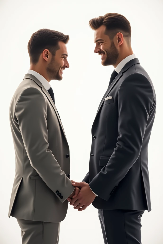 two men getting married, a dark haired white man, a strong and handsome black man, white background