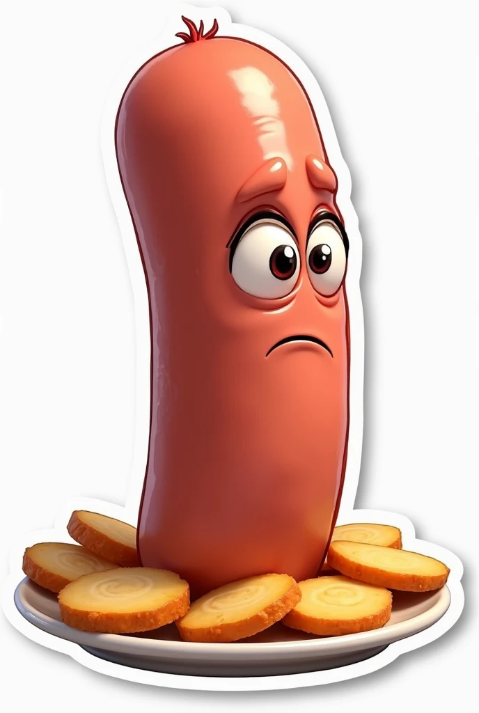 Make a WhatsApp sticker of an animated sausage with eyes, that is sad but salchipapa on a plate not only the sausage 