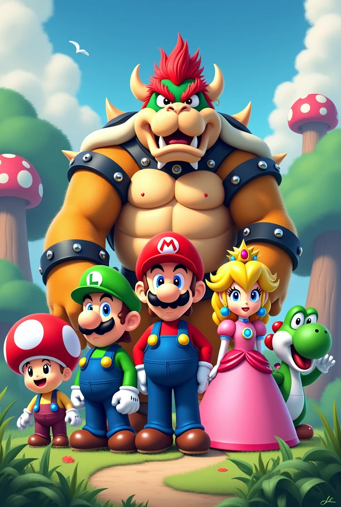 All the characters: Mario Bros, Luigi, Princesa Peach, Bowser, Toad, Yoshi, y donkey kong