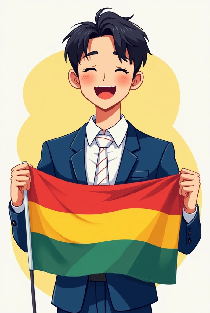 (Cheerful Korean man in a blue suit, a shirt and a white striped tie. holding a Bolivian flag without the logo just red, yellow and green. Create it in the form of a cartoon, piscsart or anime
