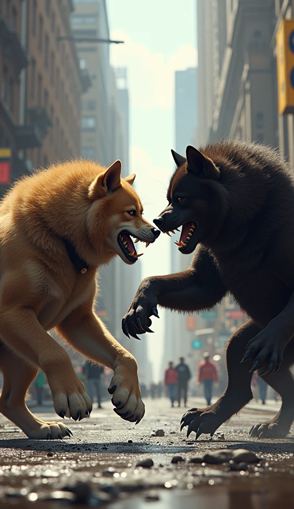 Two big dogs run towards each other, bite their backs and bite each other in the city.