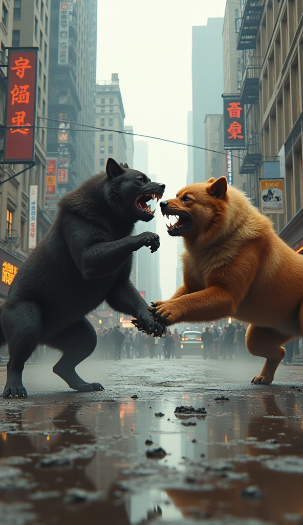 Two big dogs run towards each other, bite their backs and bite each other in the city.