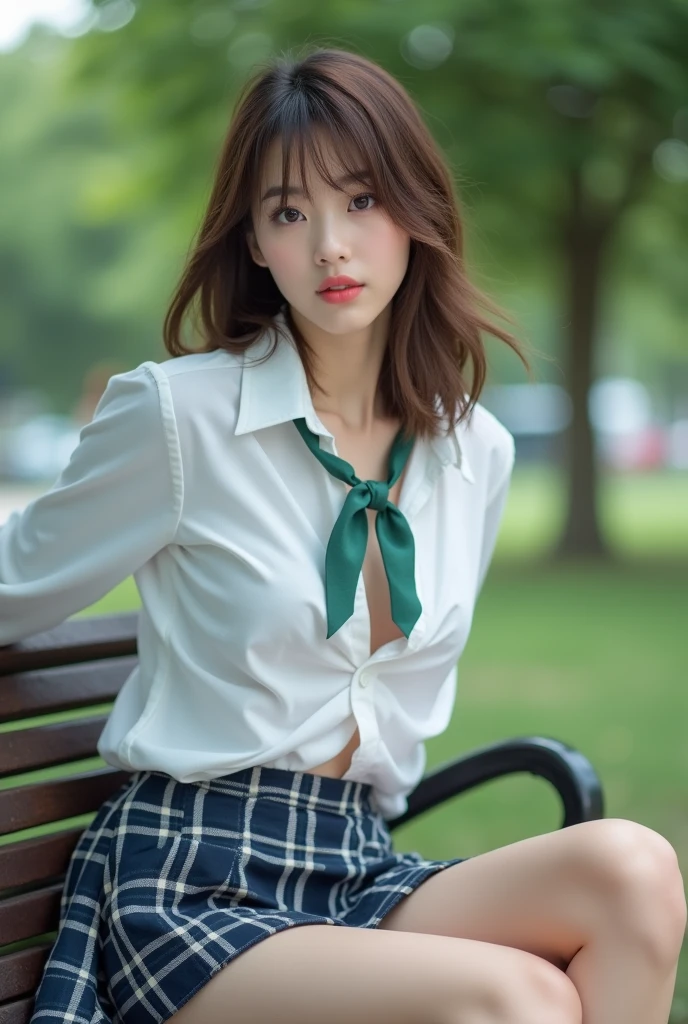 Best image quality, 16K, Ultra-high resolution, 8K, masterpiece, (Canon R5, F1.8, ISO100, 45MP, 1/4000), One Girl, aloneld, JK, high school girl, Medium Long Hair, bangs, Brown Hair, double eyelid, Long eyelashes, Lower eyelashes, Brown eyes, Looking at the audience, Wearing only a white shirt and a pleated skirt, White shirt fully unbuttoned, A green ribbon around her neck, Very good, D cup bust, Detailed depiction of nipples, Dark blue and white checked pleated skirt, A miniskirt that barely covers the top of the thighs, No pants, nude、Thin arms, Long, slender legs, Dark blue socks, Black loafer shoes, Spread your legs,sitting on a park bench, Full Body Shot, Looking excitedly from below,