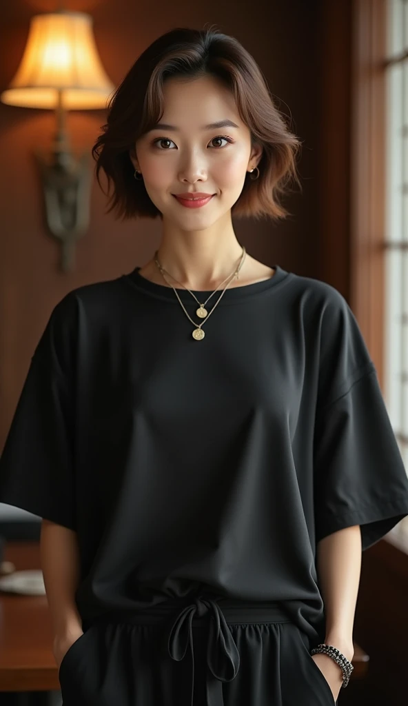 Highest quality, Very detailed, masterpiece, 1 person,Japanese women,(((Perfect female body))),Very beautiful face, Very beautiful body,Gentle expression, Very beautiful eyes,(Perfect Makeup:1.1),Big Breasts,40s、short hair、Brown Hair:1.3, Big Breasts、Soft body、黒いモノトーンビッグサイズShort sleeveシャツ,Ankle Pants,necklace,anklet,A kind smile,Full body portrait,(indoorの背景:1.3), (Glowing Skin),(Earrings),indoor、cute、Short sleeve