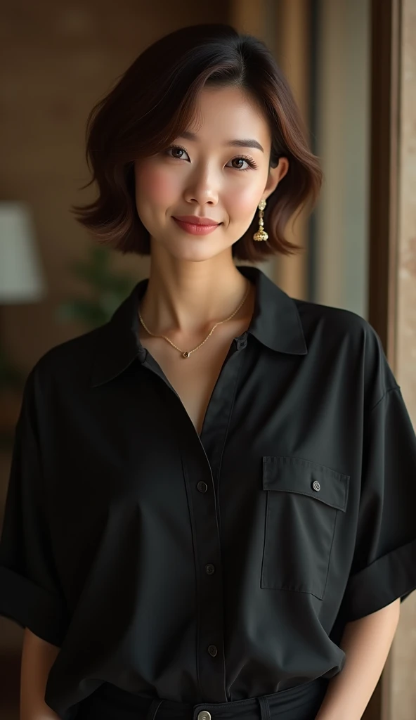 Highest quality, Very detailed, masterpiece, 1 person,Japanese women,(((Perfect female body))),Very beautiful face, Very beautiful body,Gentle expression, Very beautiful eyes,(Perfect Makeup:1.1),Big Breasts,40s、short hair、Brown Hair:1.3, Big Breasts、Soft body、黒いモノトーンビッグサイズShort sleeveシャツ,Ankle Pants,necklace,anklet,A kind smile,Full body portrait,(indoorの背景:1.3), (Glowing Skin),(Earrings),indoor、cute、Short sleeve