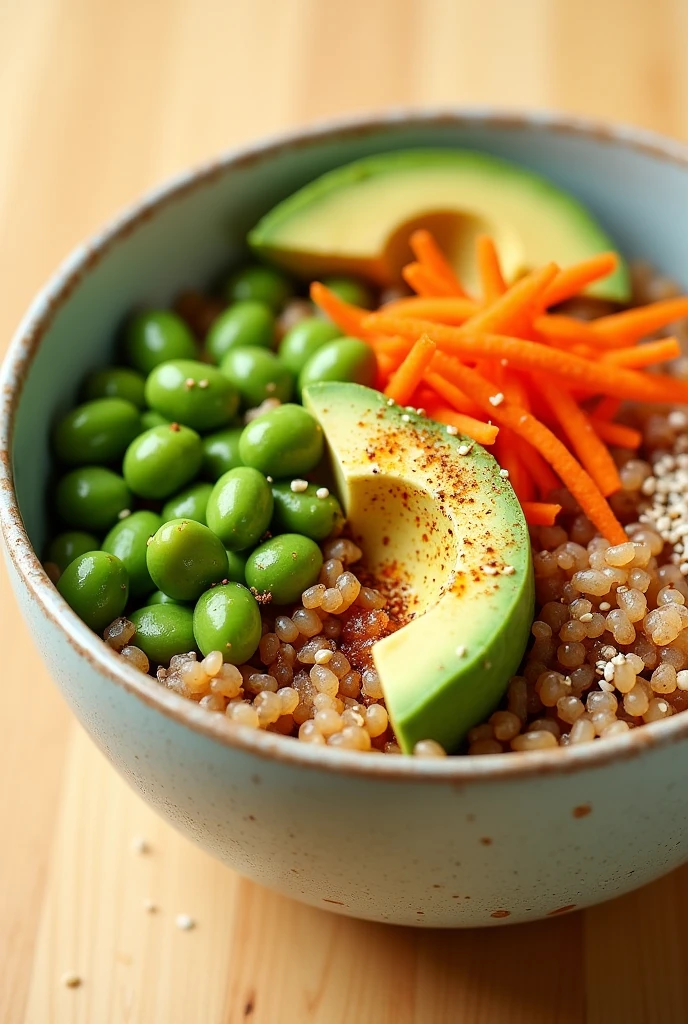 Create an image of this recipe: Brown Rice Bowl with Edamame and Avocado Ingredients:
- Brown rice: 100 g - Cooked Edamame: 100 g - Avocado: 100 g - Carrot: 50 g - Soy sauce: 15 ml - Sesame seeds: 10 g
- Sal: 5 g - Pepper: 2 g Preparation:
1. Cook brown rice according to package directions and let cool..
2. Wash and cut the carrot into thin strips. Peel and cut the avocado into cubes.
3. In a bowl, Mix the brown rice with the edamame, carrot and avocado.
4. Align with soy sauce, sesame seeds, salt and pepper.
5. Serve cold or at room temperature.