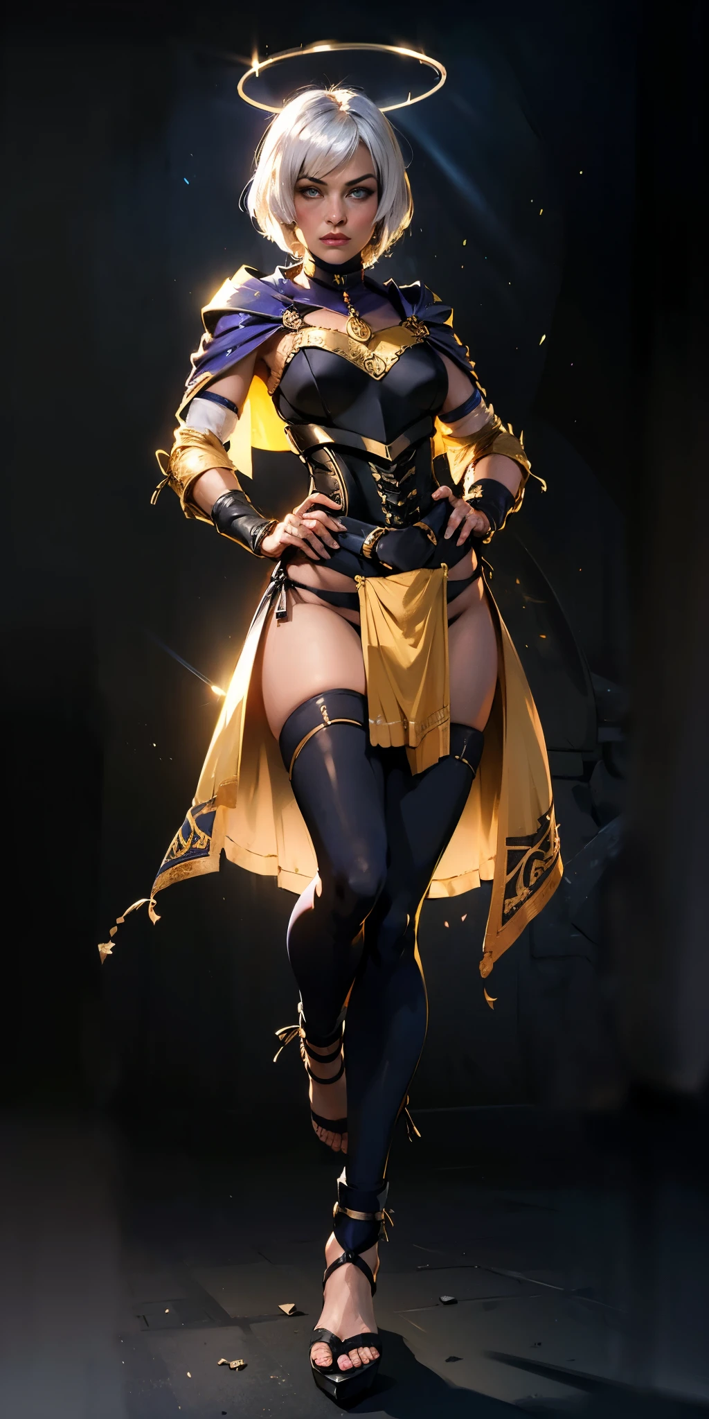 (black background) paladin lady in ornate golden armor, pauldrons, breastplate, corset, glowing halo, short hair, bob hair style, white silver hair, yellow glowing eyes, bright pupils, eye focus, red cape, particles, light beam, chromatic aberration, full body, whole body 1solo (girl) loincloth standing, hands on hips, metal sandals, leather black choker, big belt, view from below, feet together, bracers, tiara