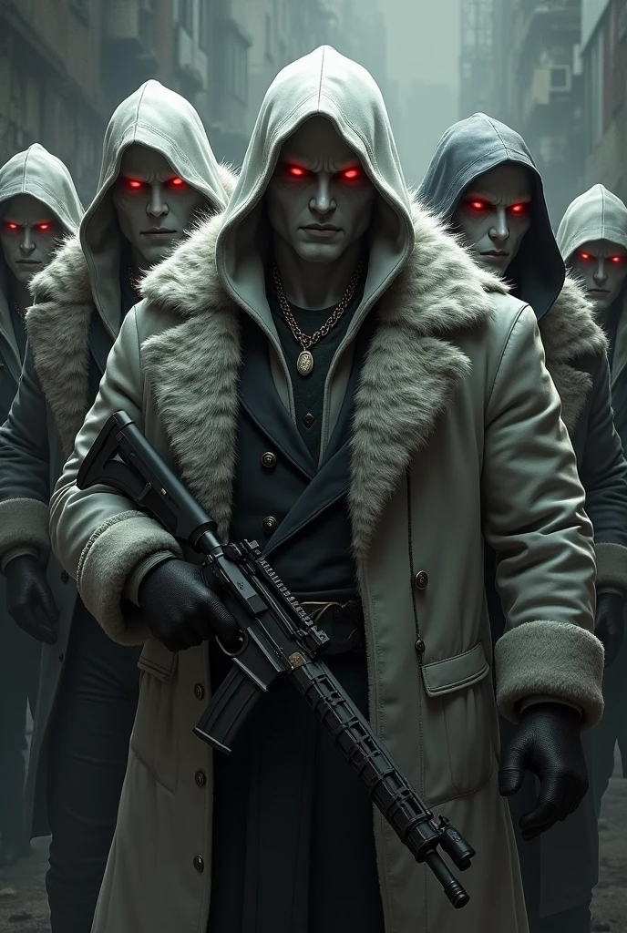 Albino male gang members Muscled Fur coats Hoods Guns